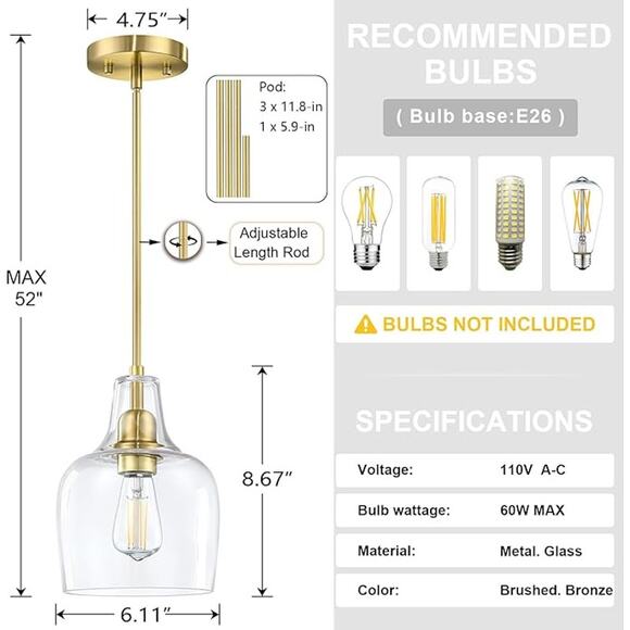 3 Pack 1 Light Hanging Indoor Kitchen Island Pendant Ceiling Light 6.11" Clear - Picture 2 of 3